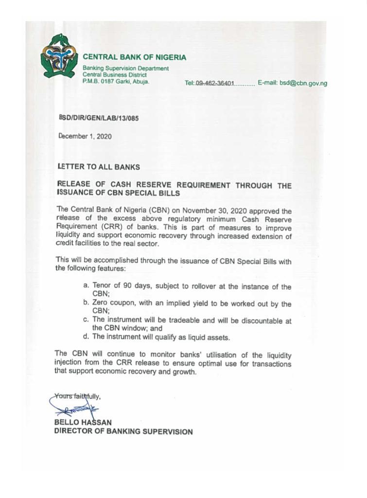 Banks CRR CBN Special Bills