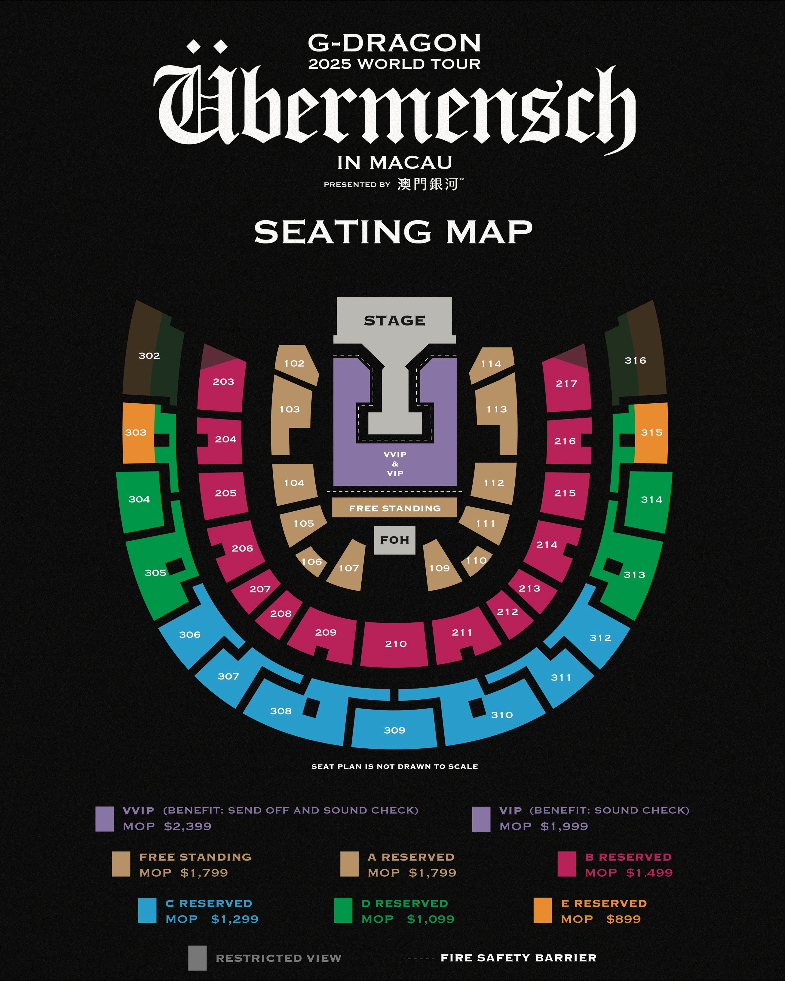 Tickets are priced MOP2,399 / 1,999 / 1,799 / 1,499 / 1,299 / 1,099 / 899 (*Currency set based on the ticketing platform)
