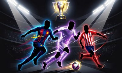 A dynamic, dramatic graphic illustration of the La Liga football championship title race, featuring intense action silhouettes and glowing crest colors representing Real Madrid, Barcelona, and Atletico de Madrid competing under bright stadium floodlights with the championship trophy shining in the background.