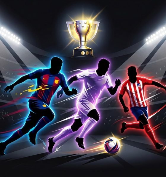 A dynamic, dramatic graphic illustration of the La Liga football championship title race, featuring intense action silhouettes and glowing crest colors representing Real Madrid, Barcelona, and Atletico de Madrid competing under bright stadium floodlights with the championship trophy shining in the background.