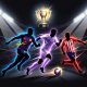 A dynamic, dramatic graphic illustration of the La Liga football championship title race, featuring intense action silhouettes and glowing crest colors representing Real Madrid, Barcelona, and Atletico de Madrid competing under bright stadium floodlights with the championship trophy shining in the background.