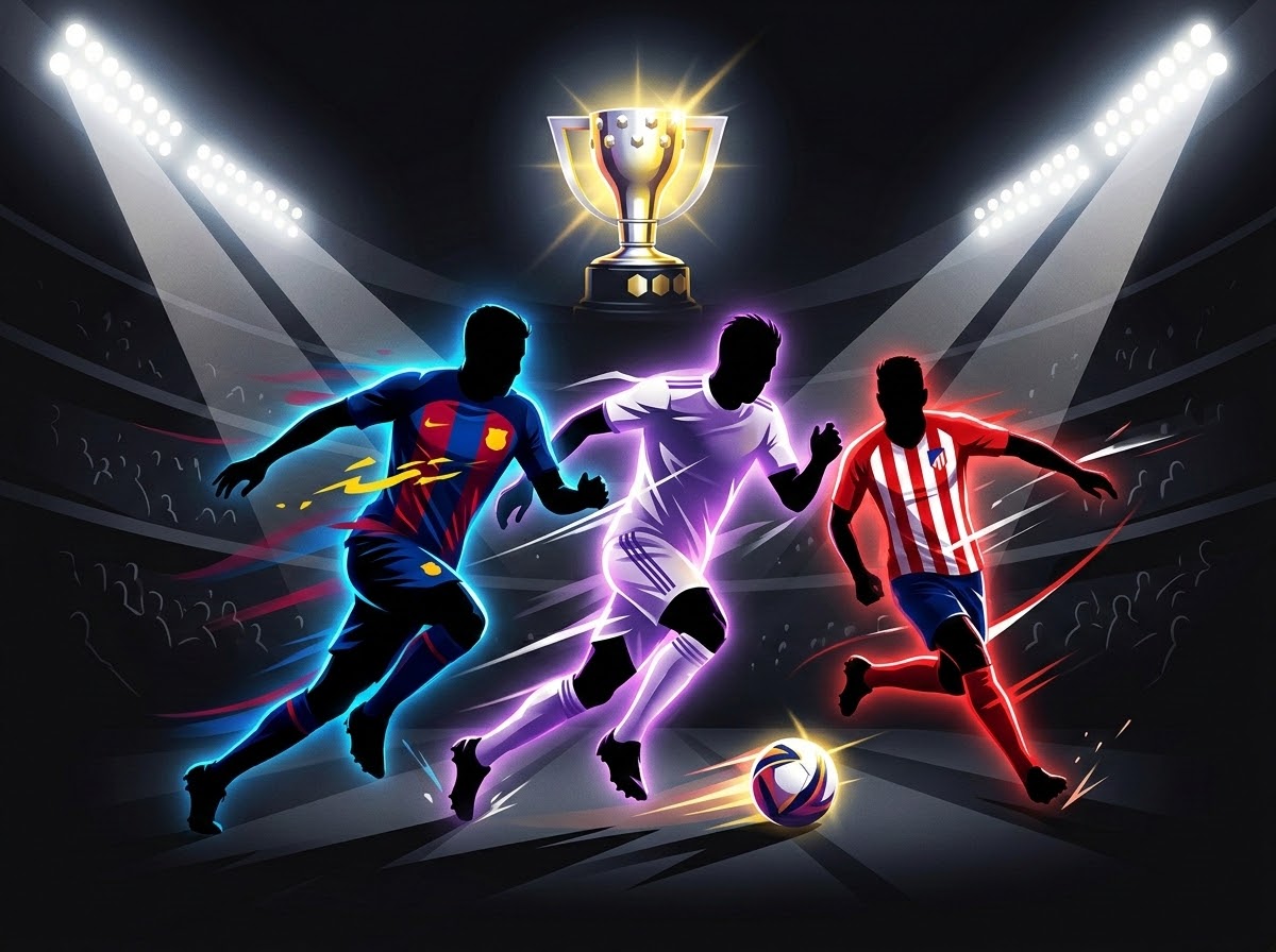 A dynamic, dramatic graphic illustration of the La Liga football championship title race, featuring intense action silhouettes and glowing crest colors representing Real Madrid, Barcelona, and Atletico de Madrid competing under bright stadium floodlights with the championship trophy shining in the background.